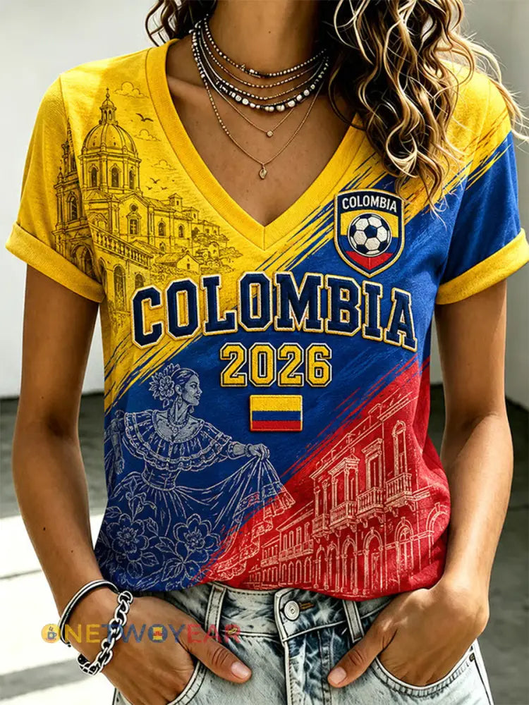 Camiseta informal estampada de fútbol de Colombia 2026 para mujer - como imagen / S