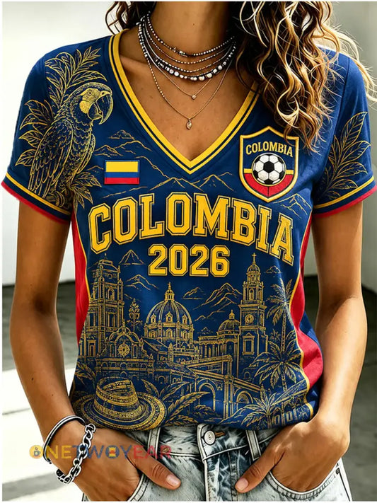 Camiseta informal estampada de fútbol de Colombia 2026 para mujer - como imagen / S