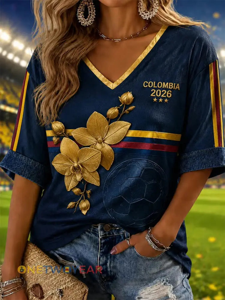 Camiseta informal estampada de fútbol de Colombia 2026 para mujer - como imagen / S