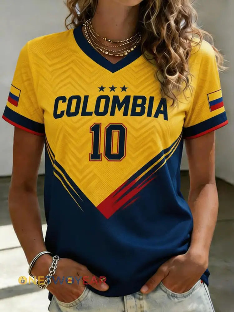 Camiseta manga corta estampada casual de fútbol colombiano para mujer - como imagen / S