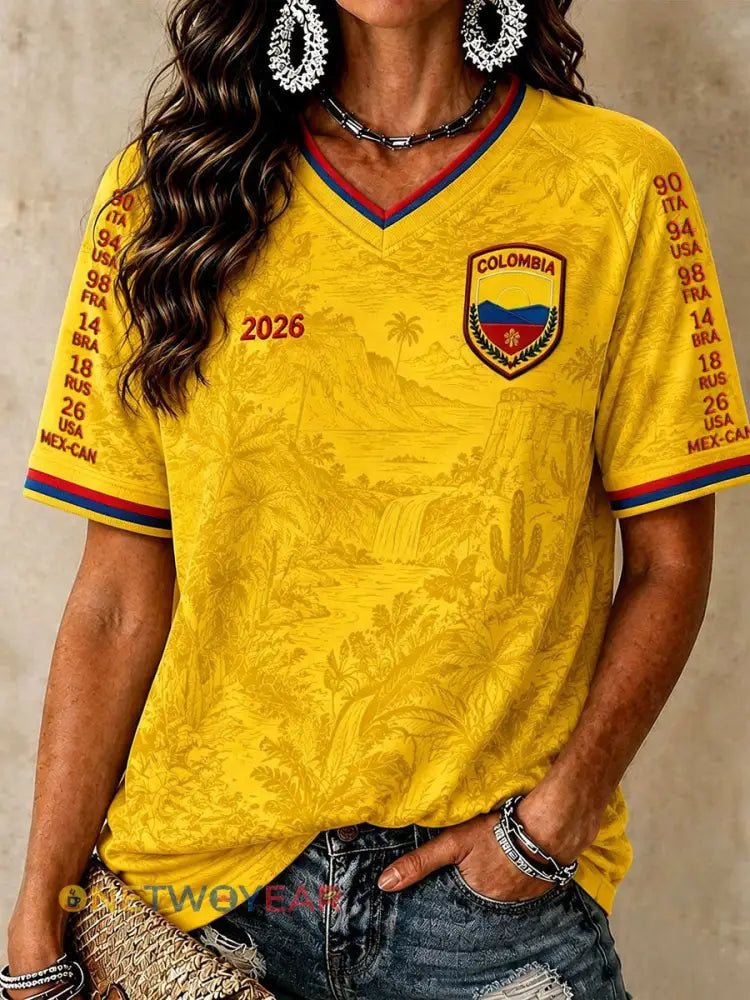 Camisetas de fútbol con cuello en V para mujer de Columbia - amarillo / S