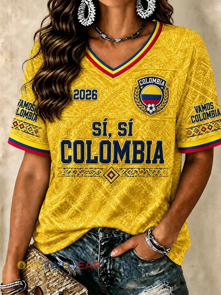 Camisetas de fútbol para mujer de Colombia con cuello en V - amarillo / S
