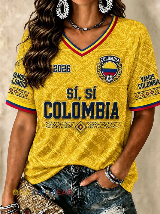 Camisetas de fútbol para mujer de Colombia con cuello en V - amarillo / S
