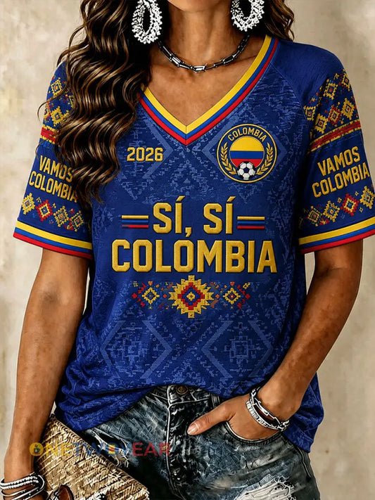 Camisetas de fútbol para mujer de Colombia con cuello en V - azul / S