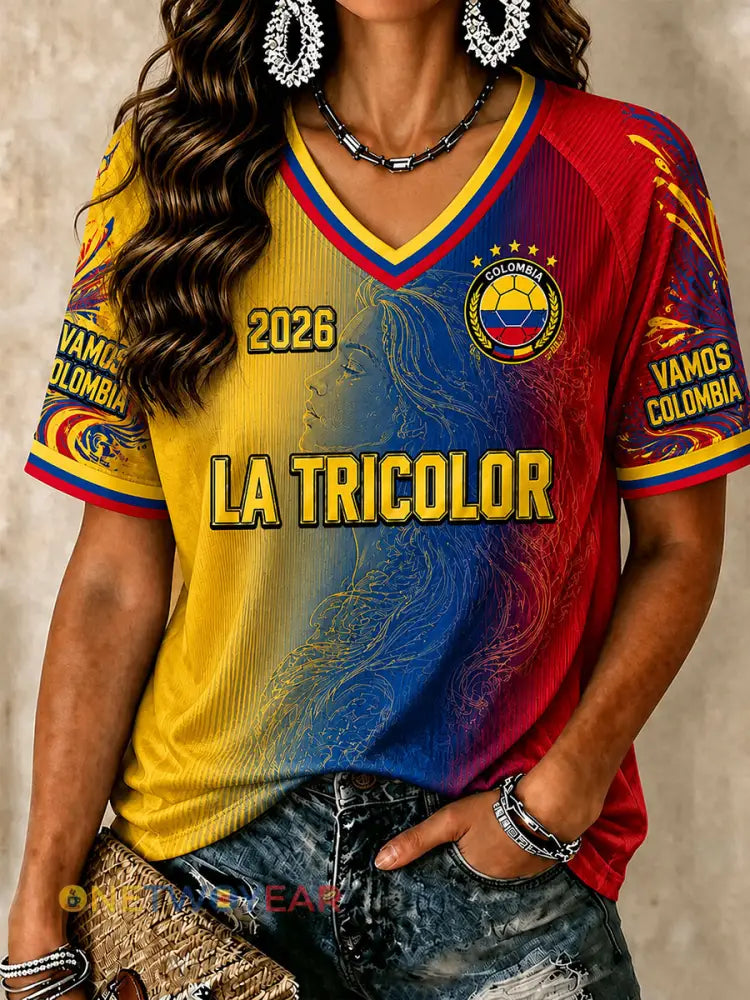 Camisetas de fútbol para mujer de Colombia con cuello en V - como imagen / S
