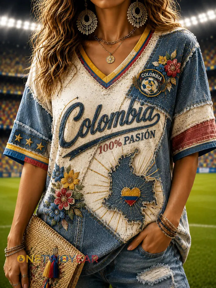 Columbia Floral Patchwork Casual Cuello en V Top de mujer - como imagen / S