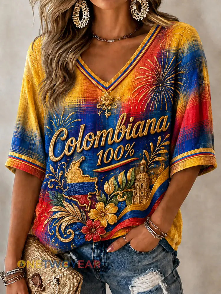 Columbia Independence Day Checkered Art V-Neck Top para mujer - como imagen / S