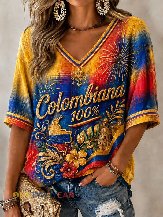 Columbia Independence Day Checkered Art V-Neck Top para mujer - como imagen / S