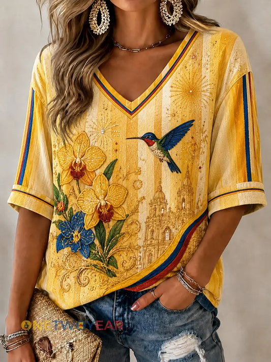 Columbia Independence Day Striped Art V-Neck Top para mujer - como imagen / S