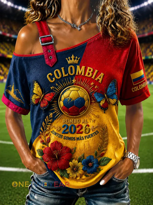 Columbia Soccer Patchwork Off-the-Shoulder Casual camiseta de las mujeres - como imagen / S
