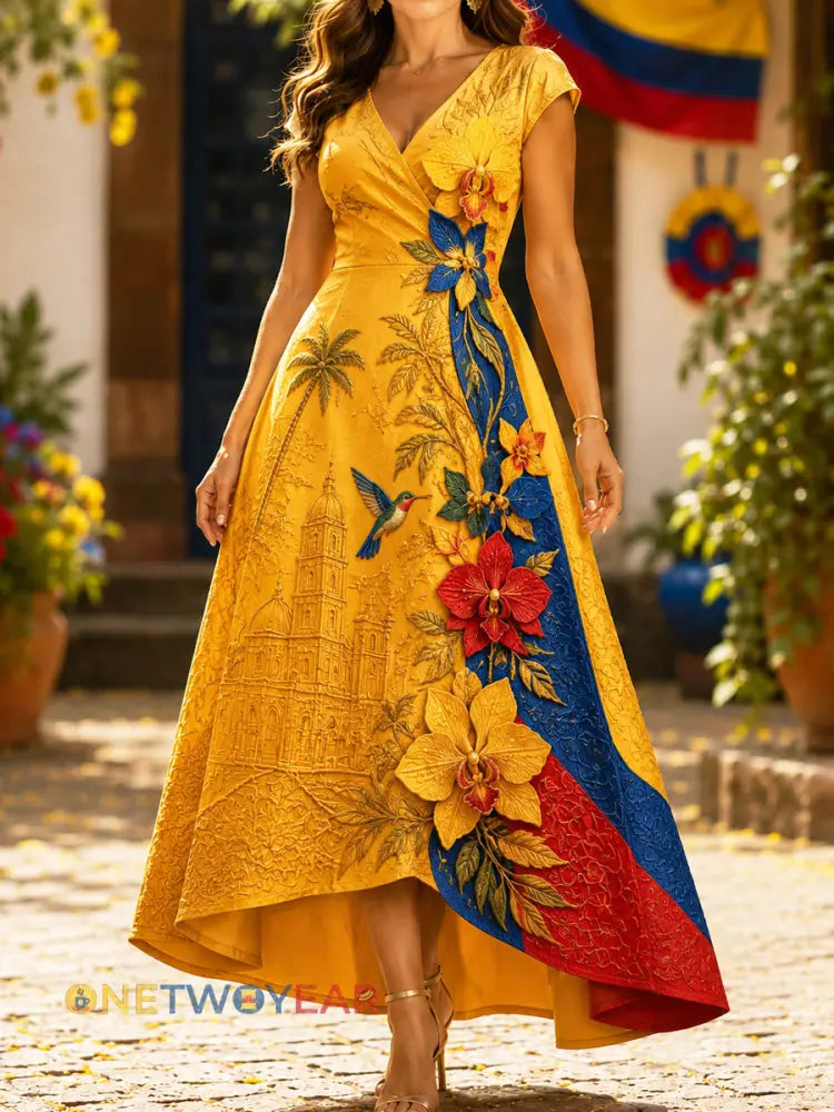 Día de la Independencia colombiana de las mujeres vestido con cuello en V orquídea - como imagen / S