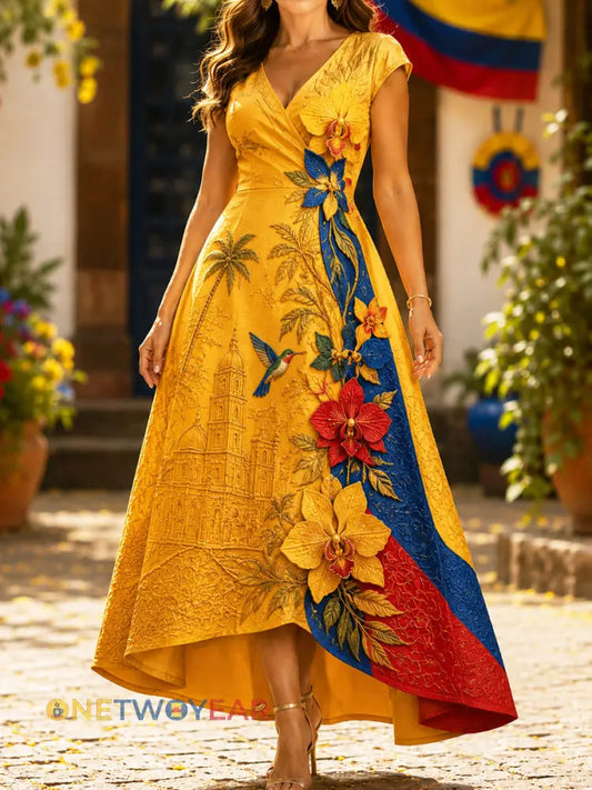 Día de la Independencia colombiana de las mujeres vestido con cuello en V orquídea - como imagen / S