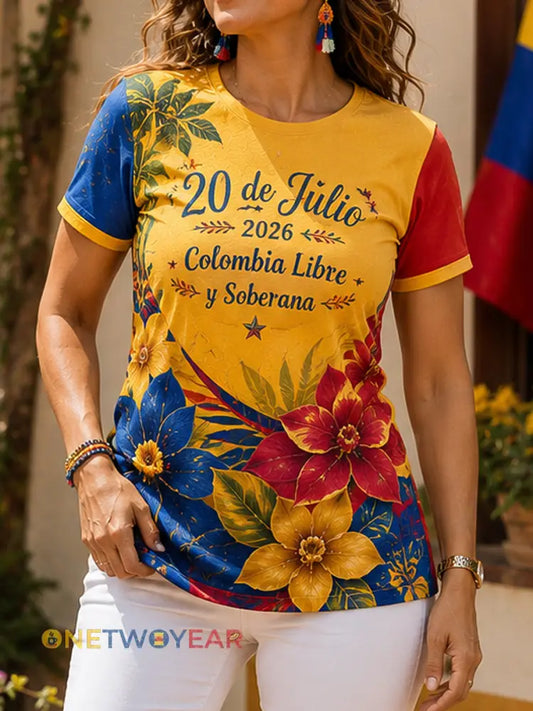 Día de la Independencia colombiana orquídea remiendo camiseta casual - como imagen / S