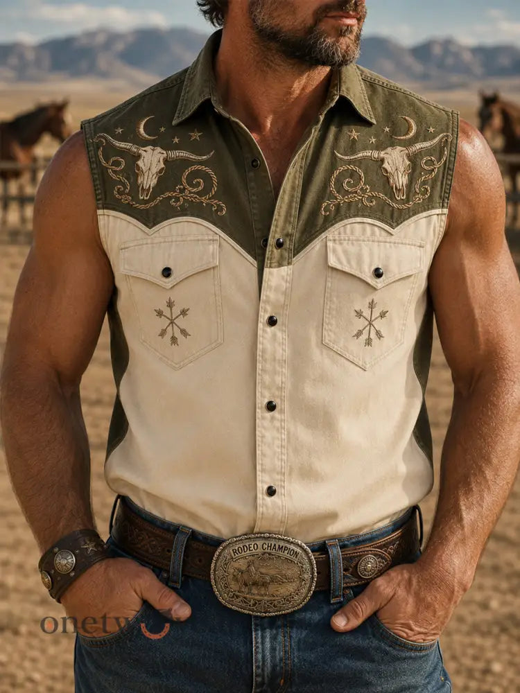 Men’s Retro Western Bull Skull Print Sleeveless Shirt - Army Green / S