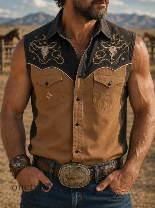 Men’s Retro Western Bull Skull Print Sleeveless Shirt - Brown / S