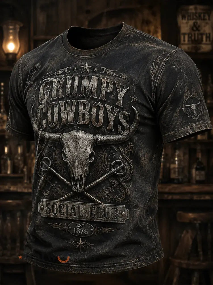 Men’s Retro Western Cowboy Skull Graphic Distressed T-Shirt - As picture / S