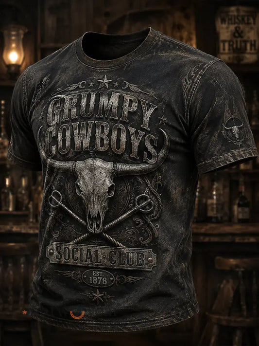 Men’s Retro Western Cowboy Skull Graphic Distressed T-Shirt - As picture / S