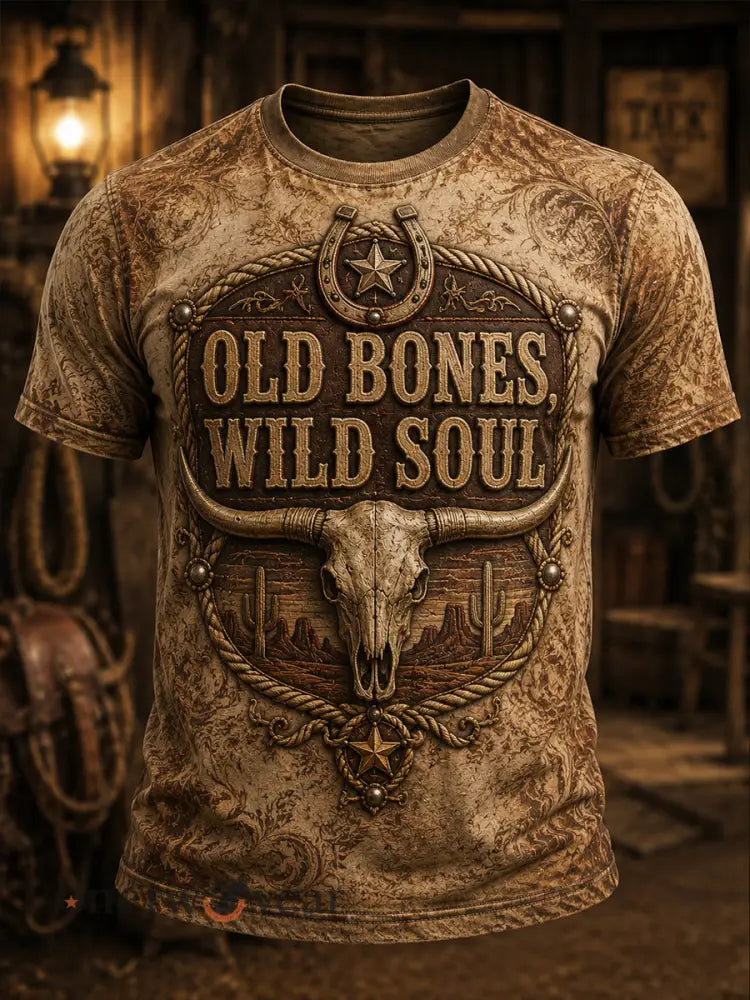 Men’s Retro Western Cowboy Skull Graphic Distressed T-Shirt - As picture / S
