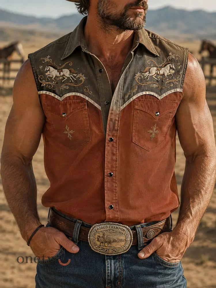 Men’s Retro Western Horse Print Sleeveless Shirt - Brick Red / S