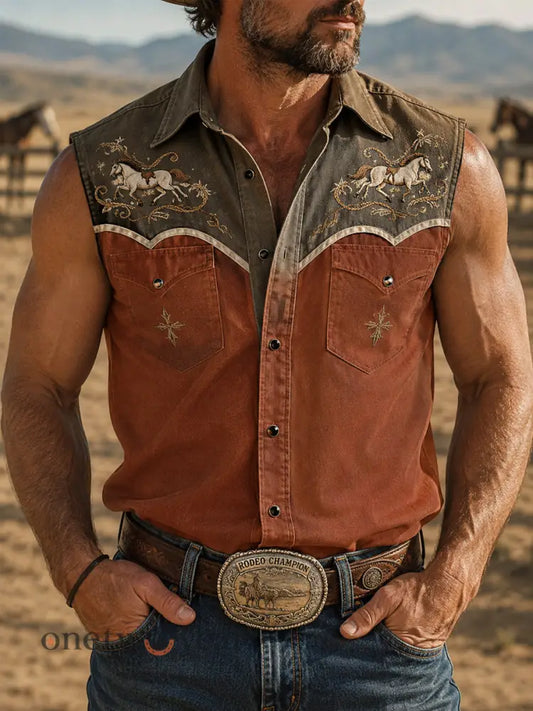 Men’s Retro Western Horse Print Sleeveless Shirt - Brick Red / S