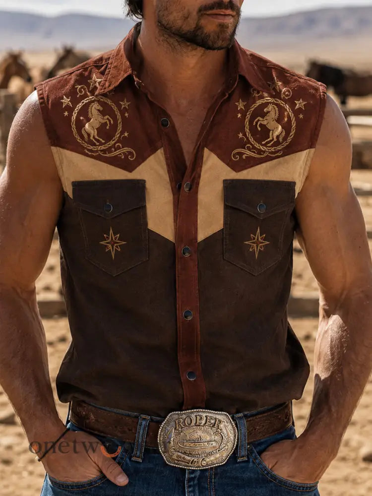 Men’s Retro Western Horse Print Sleeveless Shirt - Brown / S
