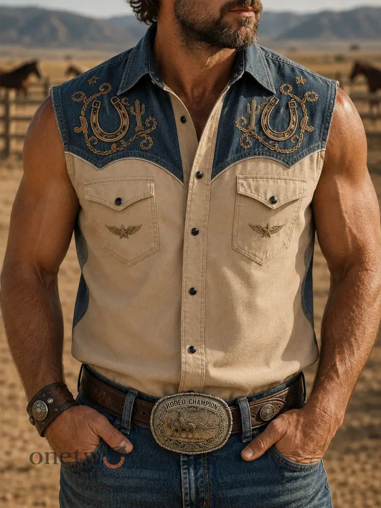 Men’s Retro Western Print Sleeveless Shirt - Blue / S