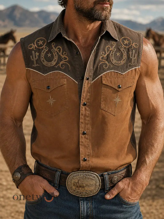 Men’s Retro Western Print Sleeveless Shirt - Brown / S