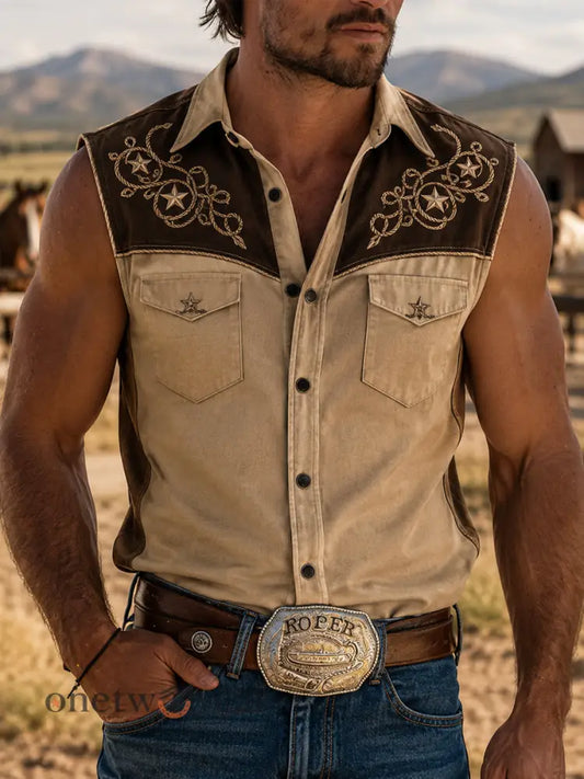 Men’s Retro Western Print Sleeveless Shirt - Khaki / S