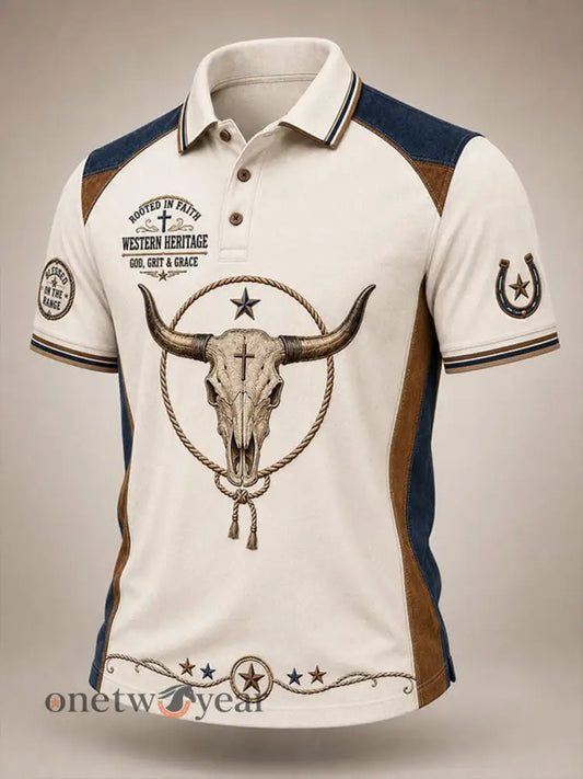 Men’s Rooted In Faith Western Bull Skull Shirt - Beige / S