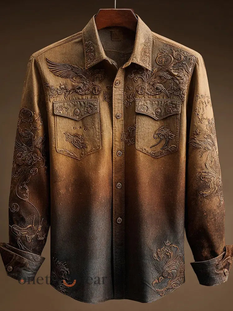 Men’s western-style pattern printed casual shirt - Brown / S