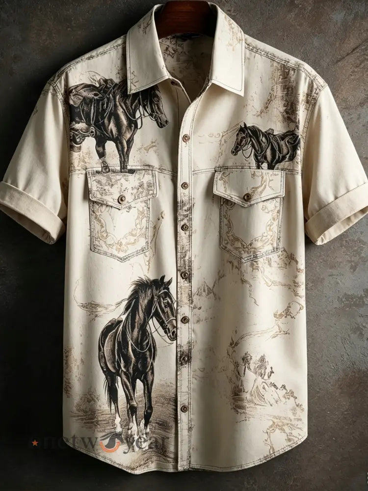 Men’s western-style pattern printed casual shirt - Ivory White / S