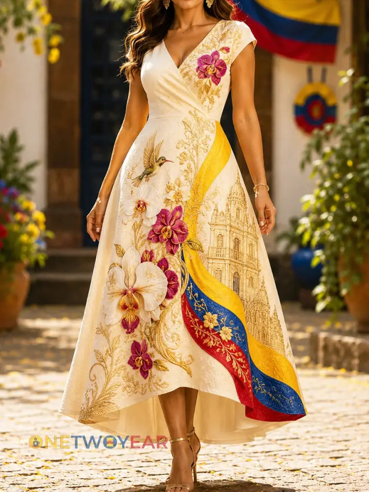 Mujer Colombian Independence Sunflower V-cuello Vestido - como imagen / S