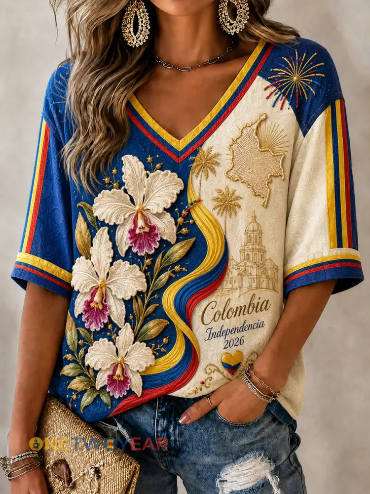 Mujer Columbia Independence Day Floral Patchwork V-Neck Top - como imagen / S