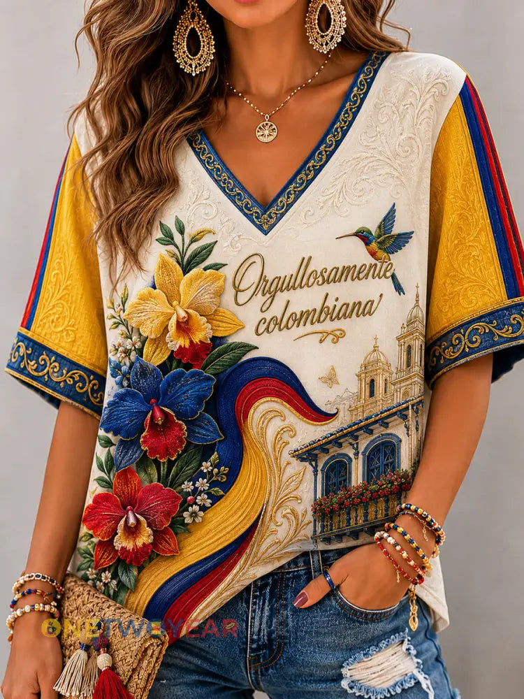 Mujer Columbia Independence Day Hummingbird Floral V-Neck Top - como imagen / S