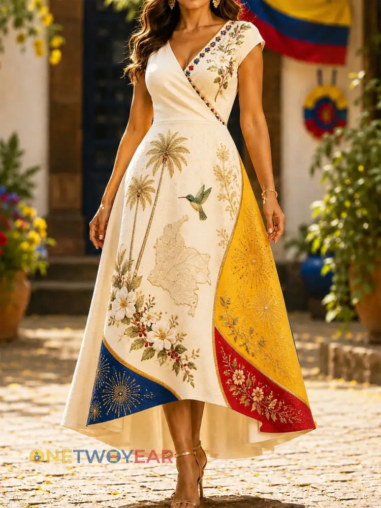Mujer Columbia Independence Day Orchid Hummingbird Art V-Neck Vestido - como imagen / S