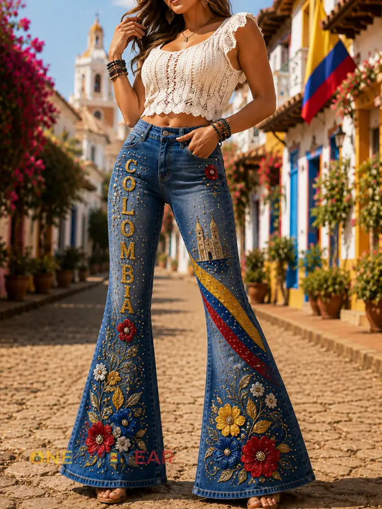 Mujer Retro Columbia Independence Day Floral Casual Flared Pantalones - como imagen / S