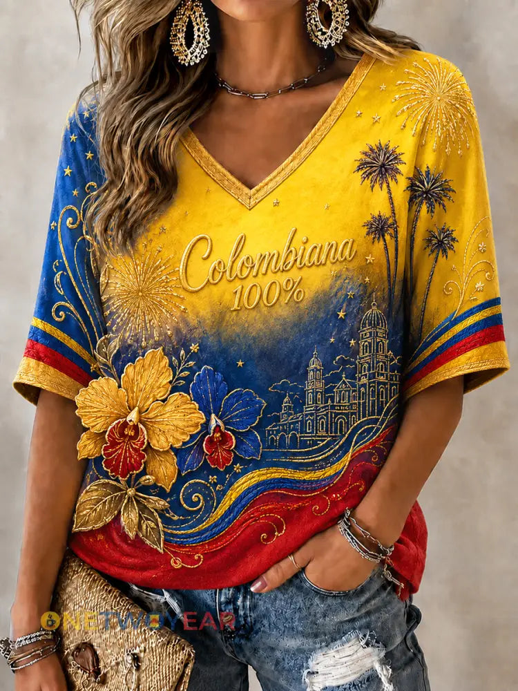 Mujer Retro Columbia Independence Day Floral Casual V-Neck Top - como imagen / S