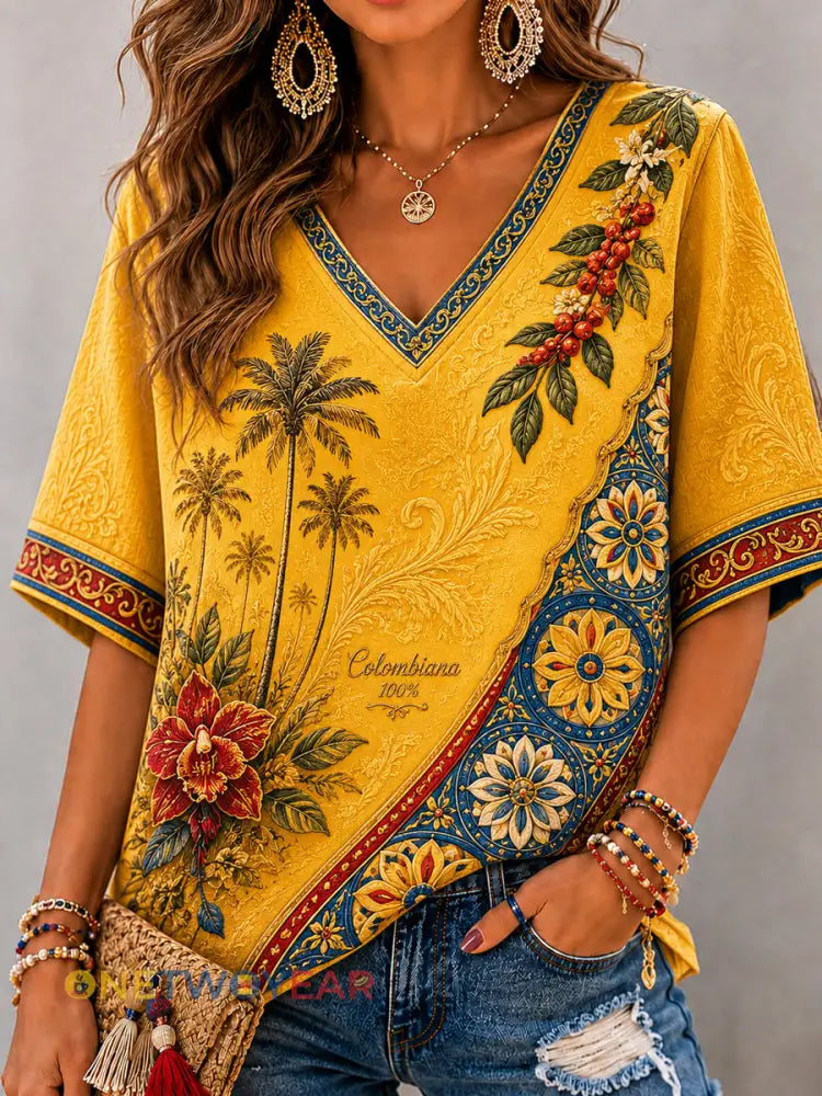 Mujer Retro Columbia Independence Day Floral V-Neck Top - como imagen / S