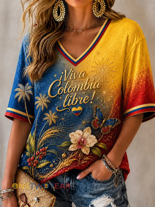 Mujer Retro Columbia Independence Day Gradient Casual V-Neck Top - como imagen / S
