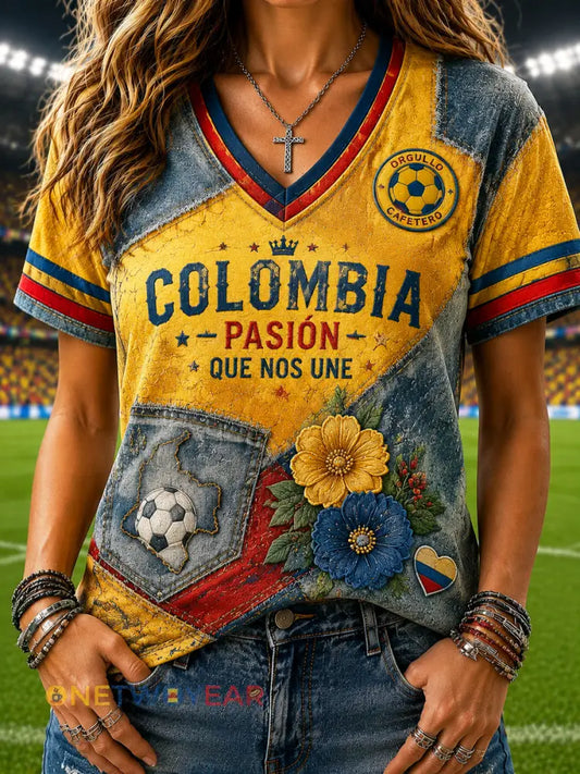 Mujer Retro Columbia Soccer Patchwork Casual V-cuello camiseta - como imagen / S