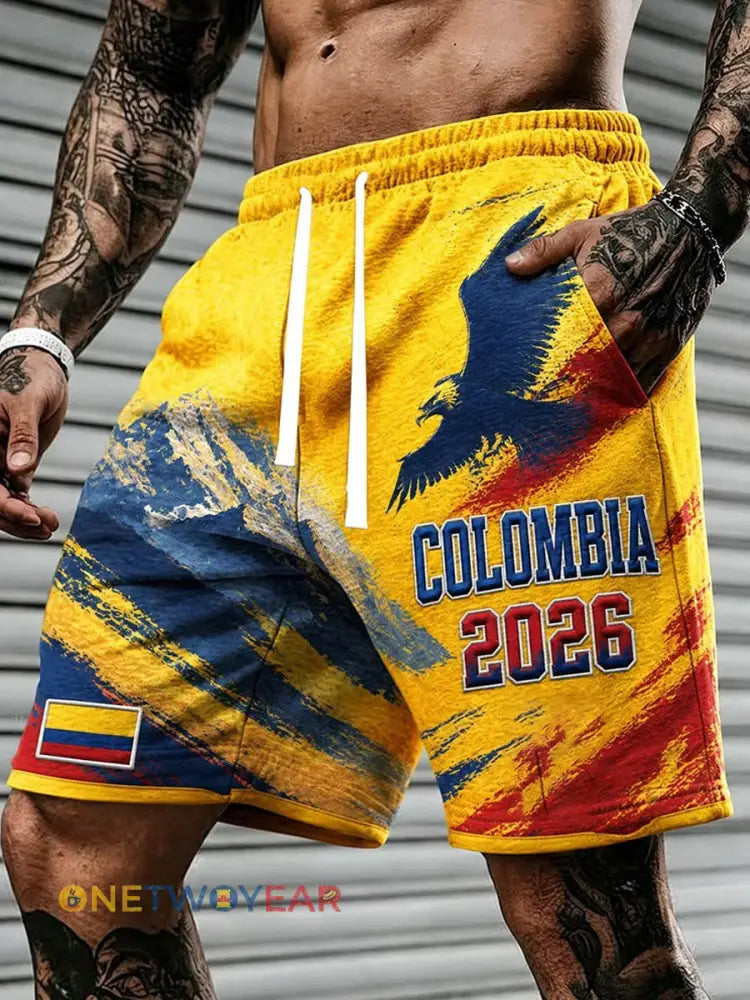 Pantalones cortos con estampado casual de fútbol colombiano para hombre - como imagen / S