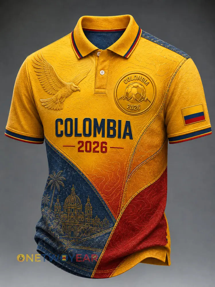 Polo casual con patchwork degradado de fútbol retro de Colombia 2026 - como imagen / S