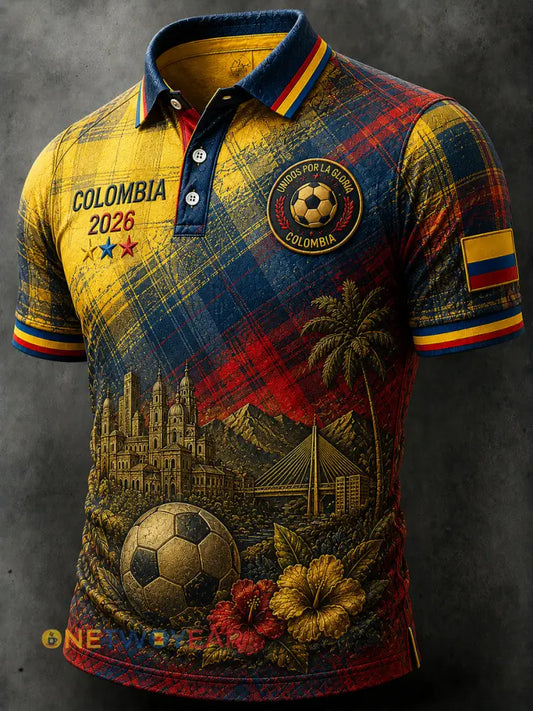 Polo ocasional artístico a cuadros de fútbol retro de Columbia - como imagen / S