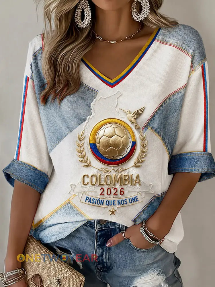 Retro 2026 Columbia Soccer Patchwork Casual V-cuello de la camiseta de las mujeres - como imagen / S