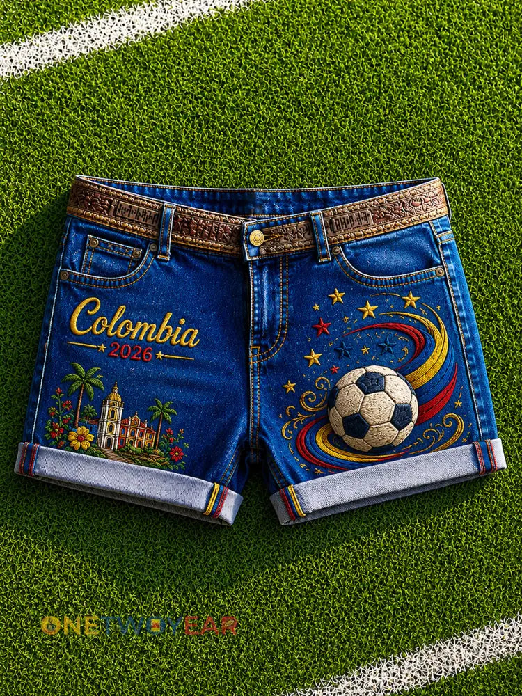 Shorts casuales con estampado de fútbol 2026 Colombia para mujer - como imagen / S