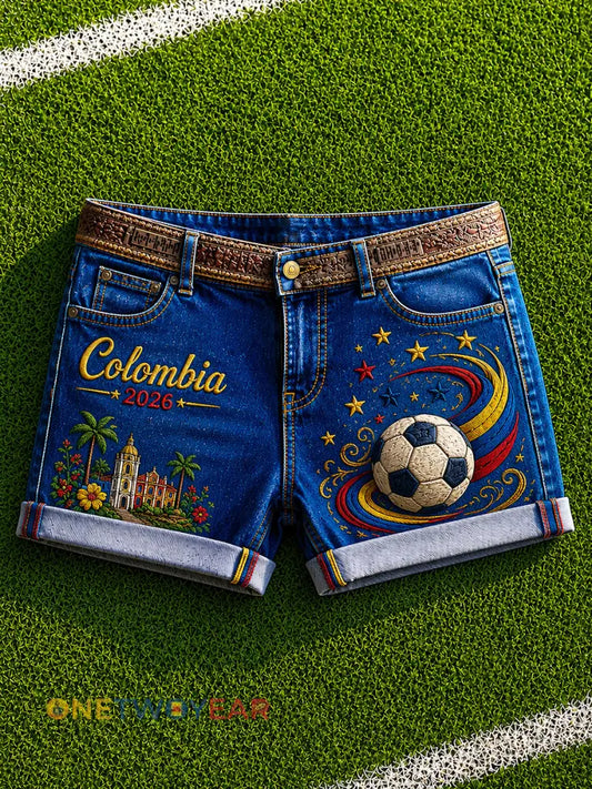 Shorts casuales con estampado de fútbol 2026 Colombia para mujer - como imagen / S