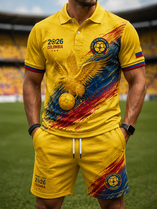 Conjunto retro de 2026 de fútbol colombiano: camiseta polo y pantalones cortos de las “Águilas Andinas”