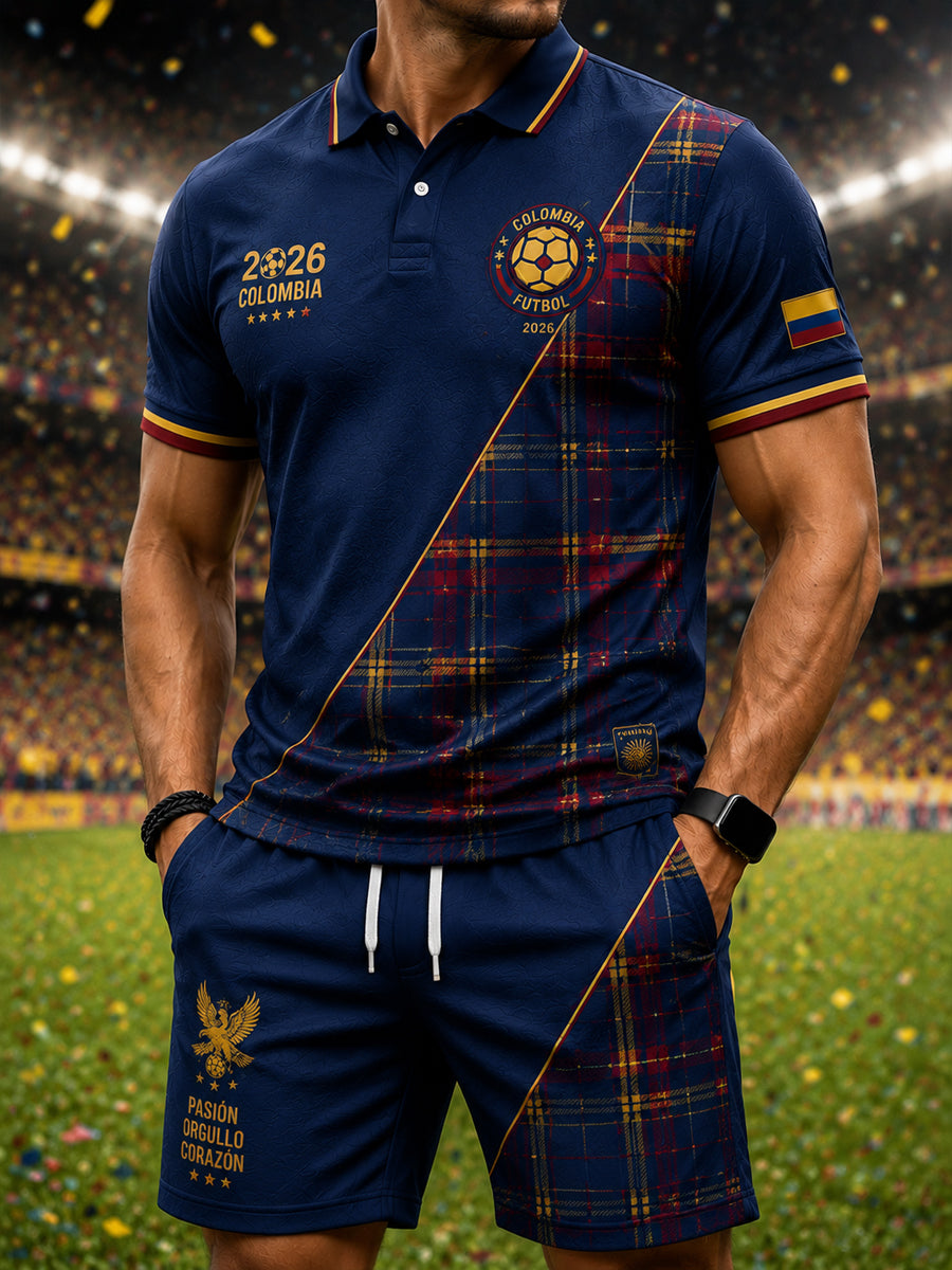 Conjunto casual de polo y pantalones cortos con diseño patchwork de fútbol colombiano, estilo retro 2026