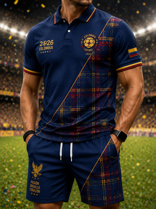 Conjunto casual de polo y pantalones cortos con diseño patchwork de fútbol colombiano, estilo retro 2026