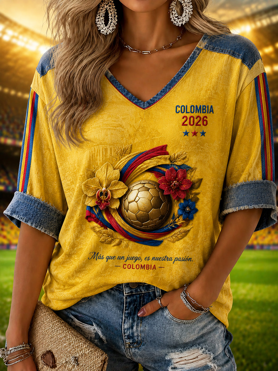 Camiseta casual de patchwork de fútbol de Colombia 2026 para mujer